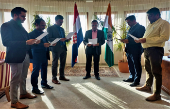 Commemorating the Constitution Day oF india. Ambassador Arun Goel and Mission officials read out the Preamble of the Constitution of India during the celebrations of the Constitution Day on the 26th November & reaffirmed the commitment to uphold the ideals of Justice, Liberty, Equality & Fraternity.